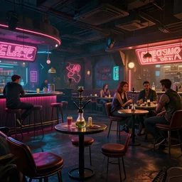concept art of cyberpunk 2 0 7 7 hookah bar environment, few chairs, neon, highly detailed, 8 k, hdr, studio, matte painting, environment, digital illustration, artstation, by marcin stepien, by mihai muscan, by marta leydy, by charlotte hughes, by zuzanna dabrowa