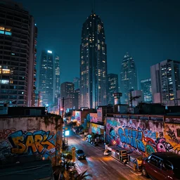 mayan cyberpunk city by night time with graffiti