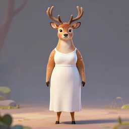 portrait, 3 d render, tall slightly chubby anthropomorphic female deer, wearing along white dress, in the style of zootopia,