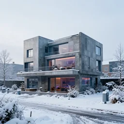 cyberpunk, winter in the snow, external view of a 5 bedroom detached cyberpunk house in the UK, by Paul Lehr