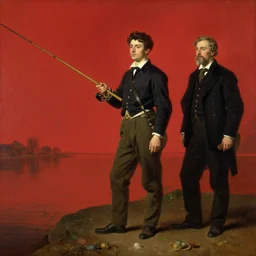 Solomon Joseph Solomon and Richard Schmid and Jeremy Lipking victorian genre painting full length portrait painting of a young man going fishing, red background