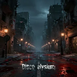 style : disco elysium. composition : long shot, waist level ; low angle. key words : digital art ; detailed ; 4 k. scenery : a apocalyptic ruined city with blood on the streets. subject : none ; the streets are empty. details : at night ; lanterns in the streets.