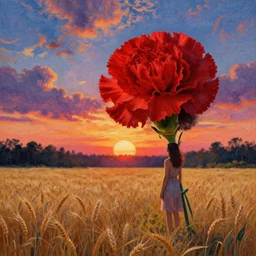 giant red carnation afro head, full body, girl watching sunset, empty wheat field, surreal photography, forest background, dramatic light, impressionist painting, colorful clouds, digital painting, pointillism, artstation, simon stalenhag