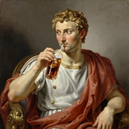 Roman emperor Nero drinking iced tea, oil painting