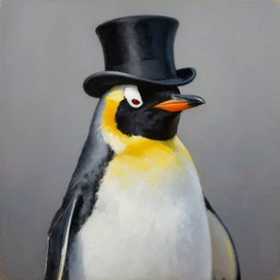 An oil painting of a penguin wearing a tophat