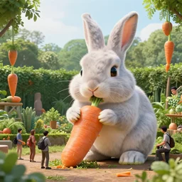 photograph of giant rabbits eating humanoid carrot - people in the garden full cinematic scene, 4 k realistic photorender
