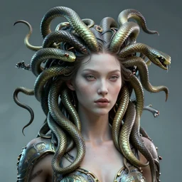 portrait medusa, goddess, science fiction, organic, snakes, stunning beautiful by h r giger, ultra detailed, 3 d, future tech, global illumination