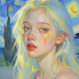 portrait of a beautiful girl, drenched in liquid honey dripping over face, intimate, pastel shades of blue and yellow, beautiful face, rule of thirds, backlight, expressive, passionate, by greg rutkowski, by jeremy mann, by francoise nielly, by vincent van gogh, digital painting