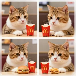 8 k uhd a 4 panel meme of a cat visiting its friend in a mcdonald's and being very emotional, very funny, relatable, trending,