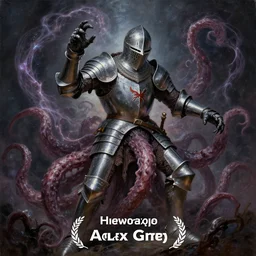 ultrarealistic, oil painting, a lifelike medieval knight transforming into a tentacle monster, surrounded by magic wisps, highly rendered, dramatic lighting, steel armor, cosmic horror, extremely detailed, concept art, award - winning, masterpiece, art by alex grey