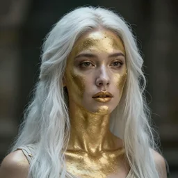 picture portrait of a woman very beautiful jewish woman from the future, on the face of liquid gold, long white hair, the atmosphere from the movies : blade runner, alien cinematography,