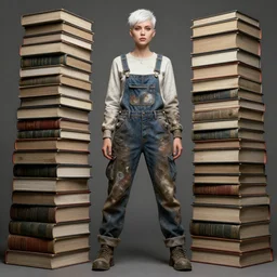 full body pose, beautiful adult woman, short white hair shaved sides, dirty, grungy, grunge, long sleeve, painted overalls, stacks of giant books, highly detailed, 4 k, hdr, smooth, sharp focus, high resolution, award - winning photo, artgerm, photorealistic