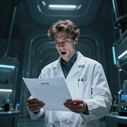 futuristic scientist gets a papers from fbi, he is holding a folder with shock, dark building, dramatic lighting, ethereal, stunning, breathtaking, awe - inspiring award - winning