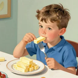 boy, 1 0 years old, sitting at the table eating a stick of butter on his fork from a plate with plenty of sticks of butter, color illustration 1 9 2 0 s. the boy is facing the viewer.