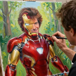 a closeup photorealistic photograph of bob ross working on a canvas painting of iron man. happy trees. film still, vibrant colors. this 4 k hd image is trending on artstation, featured on behance, well - rendered, extra crisp, features intricate detail, epic composition and the style of unreal engine.