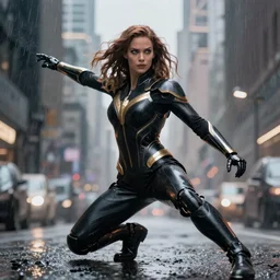 vfx marvel sci-fi woman black super hero robot photo real full body action pose, city street cinematic lighting, rain and fog by Emmanuel Lubezki