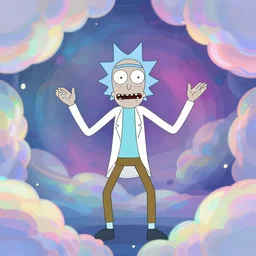 post - minimalism portrait of rick & morty, top down view, epic dance party, iridescent clouds, vibrant color scheme, highly detailed, in the style of romanticism, cinematic, artstation, moebius, greg rutkowski