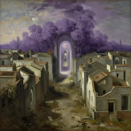 an abandoned city with a magical portal and purple trees in the distance by Diego Velázquez, oil painting