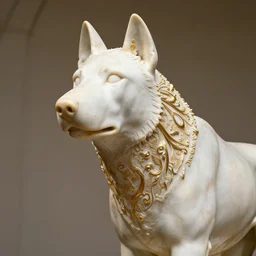a white marble statue of a wolf's head and shoulders with gold filigree, michelangelo