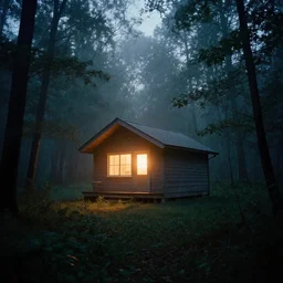 a cabin in the middle of a slightly foggy forest, dusk, grainy footage, eerie, camera phone flash, first person