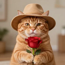 a ginger cat in a hat holds a rose in its paws