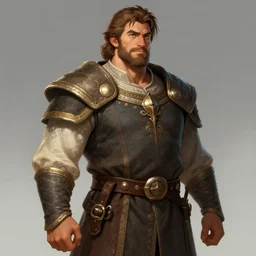 5 0 years old man, tall, stocky : : brown hair, sympathetic, stubble beard : : decorated medieval clothing : : high detail, digital art, rpg, concept art, illustration