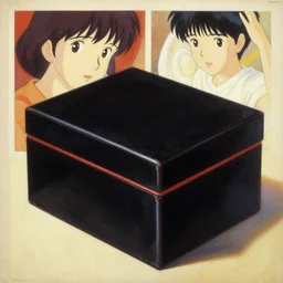 an oil painting scarlet box by yoshitaka amano of the black box, film poster from angels egg by japanese director mamoru oshii, vintage 8 0 s anime, ethereal, holy, omnious, grainy, astounding, highly detailed and quality, delicate, soft, very detailed, well defined, color corrected, iridescent light, neon gradient