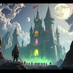 psychedelic castle under siege by humans, unreal engine 5, cinema 4 d, in the style of petros afshar, wlop, ross tran, tom whalen, peter mohrbacher