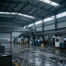 factory, interior, rainstorm