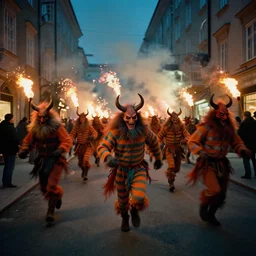kodak portra 4 0 0, 1 0 0 mm tele lens, award winning dynamic vivid atmospheric photograph of hundreds of hazardous krampus, pelzebug, devils, by robert capas, in muted colours, striped orange and teal, motion blur, on a street in salzburg at night with colourful exploding pyro fire and torches, narrow shot, running fast towards the camera