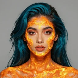 portrait of beautiful dominican woman with flesh made of bright orange and yellow magma and fire with dark turquoise hair with black roots, eyes made of fire, prominent brow, silver frame glasses, confetti in the sky on a hexagon shape, art by j scott campbell, vfx, sharp details