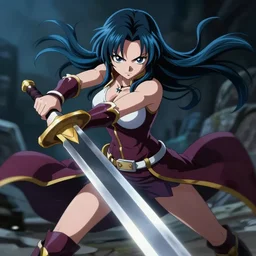 erza scarlet fighting with a sword, high quality, moody lighting, fast paced lines in a cartoon, sharp quality, enchanting, 8 k