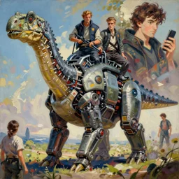 brontosaurus machine, cyberpunk, ilya kuvshinov, greg rutkowski, john singer sargent, anime, trending on artstation, oil painting, intricate