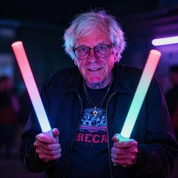 bernie sanders as a synth wave neon raver with glow sticks