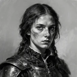 close portrait of the youthful, savage warrior joan of arc, with a dirty face, digital matte painting, dramatic lighting, concept art, black - and - white, visible brushtrokes, hyper detailed, trending on artstation, by christophe young, by wlop, by greg rutkowski, by raymond swanland