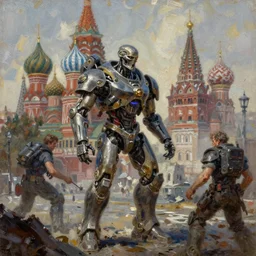 highly detailed painting of terminators from warhammer 4 0 k patrolling ruins of moscow, streets of moscow, by william turner, by greg rutkowski, by william constable, thick brush strokes and visible paint layers, 4 k resolution