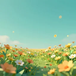 3 d render, low poly art, minimalist, flowers, teal sky, lowpoly, field of dreams, particles floating, unreal engine, dreamy, bokeh, bounce light, radiant lighting