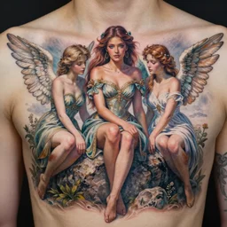 a fairy, a princess and an angel, all sitting on a rock, as a stylish and beautiful tattoo, simmetry, good composition, on a skin
