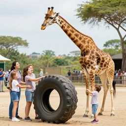 a giraffe - and - tire spectacle for the whole family to enjoy