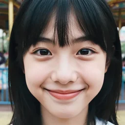 a ultra high resolution close - up of cute joyful girl in the theme park, photo from the front. she is smiling and has eye contact with the camera. face is clear and symetrical. the light is dim, and the colours are muted. kodak etkar 1 0 0. art by sosuke morimoto and yuqi wang