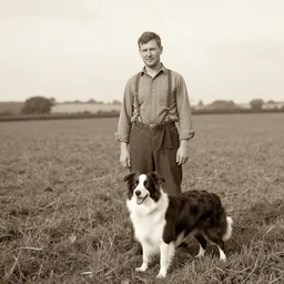 sepia old photograph of an irish farmer standing in his field next to his border collie