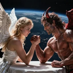 angel and demon arm wrestling in space, realistic, digital art, hyperrealism