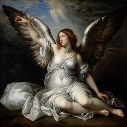 fallen woman angel reaching with her arm, realistic 8 k portrait, dark background, beam of light coming from the sky, award winning, high detail, renaissance painting