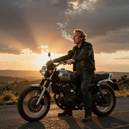 harvey keitel sitting on a motorbike, smoking, sunset