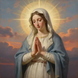 painting of a virgin mary portrait blending into cloudy sunset sky