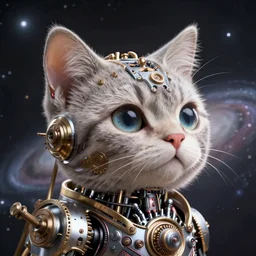 a beautiful intricate fine art portrait photo of a a mechanical industrial steampunk cybernetic cute cat with large eyes against galactic space, soft backlight, by tom bagshaw and zach sutton, perfection!, milk bath photography, studio lighting, 5 0 mm lens, very detailed, bionic, cybernetic scifi, deep depth of field, artstation, 8 k, highly coherent