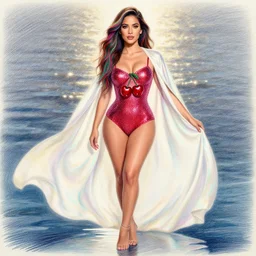 beautiful elegant full body portrait of lexi rivera with color streaks in hair and wearing a sparkling cherry color one piece swimsuit and iridescent white silk cape, nina agdal, wlop, artgerm, artstation, backlit, water, reflective, color pencil