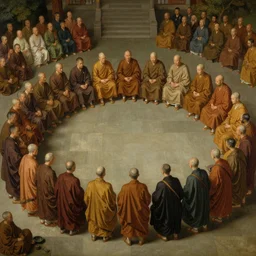 painting of large crowd of monks formed in circular formation together, realistic old master painting art by ruan jia, tooth wu, wlop, james jean, victo ngai, delicate, beautifully lit, muted colors, highly detailed, artstation,, fantasy art by craig mullins, thomas kinkade