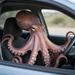 portrait of an octopus driving a car, amazing details