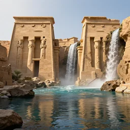 ancient egypt structures and waterfalls, artstation, volumetric light, high detail, reflections, perfect, concept art, hdr, 4 k